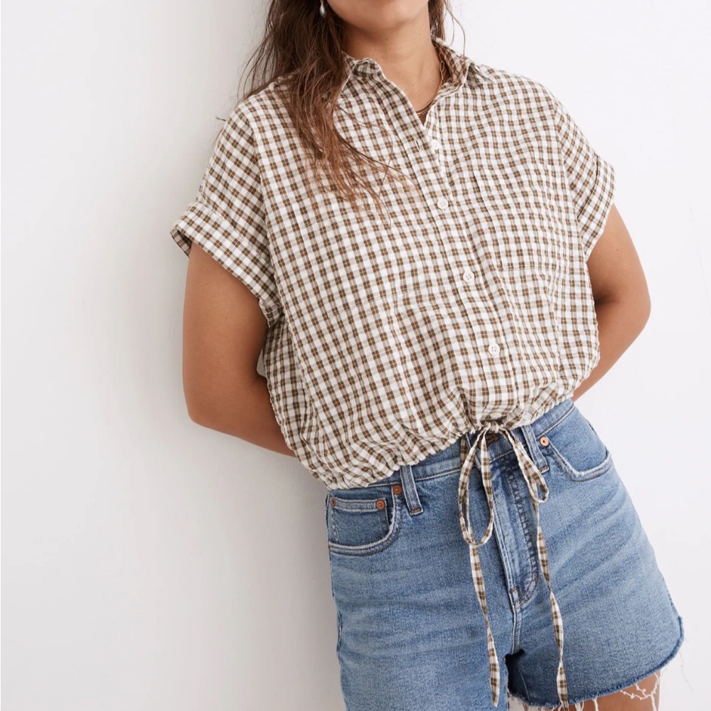 Madewell Seersucker Button-Up Drawstring Shirt in Plaid